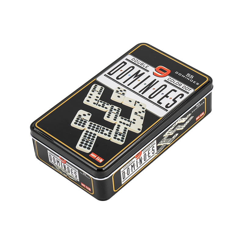 55タイルパズルダブルナインカラードットドミノがアイアンボックスに入っています